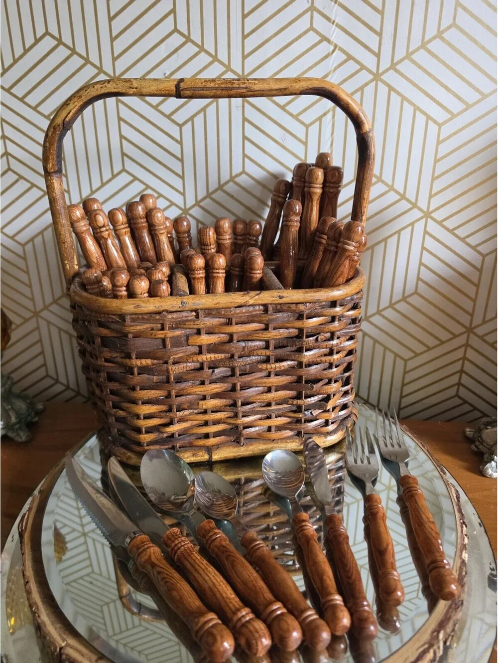 Vintage Lifetime Cutlery Old Homestead Wood Handle Flatware w Wicker Caddy 59pc